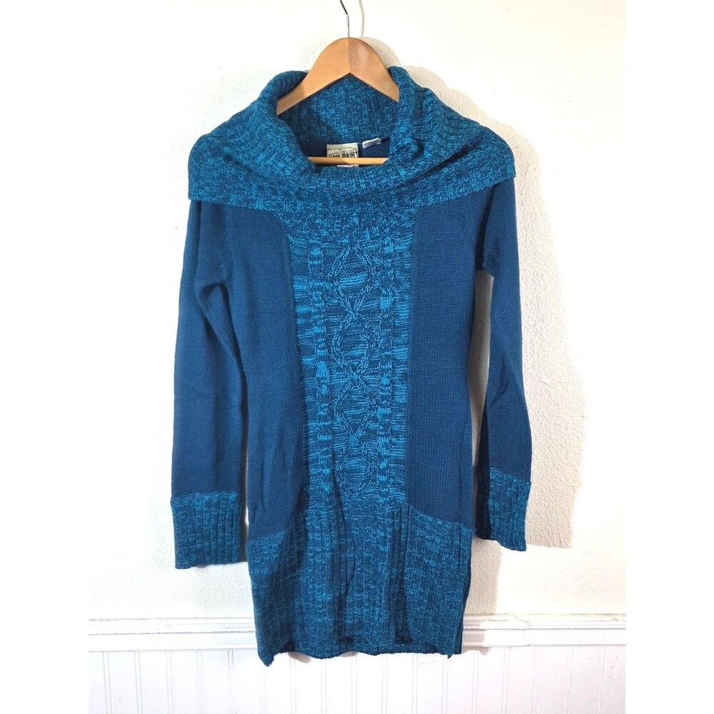 Red Paint Y2k Sweater Dress Womens Small Blue Cowl Neck Knit Mini Tunic Cozy